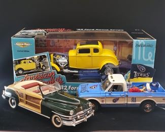 Lot 037-MT: “Crusin’ and Tennessee Titans-Tailgatin” Die-casts

Features:
•	American Graffiti ’32 Ford Deuce Coupe Diecast, #32078
•	Tennessee Titans Tailgating Diecast 1972 Chevrolet Cheyenne Pickup
•	1940s Chrysler Town & Country Convertible Diecast

