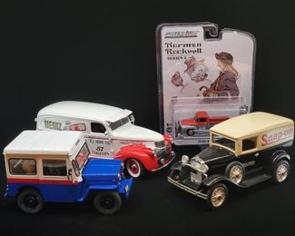 Lot 040-MT: Die-cast Vehicles of Delivery and Service

Features:
•	Danbury Mint Diecast 1998 USPS Vehicle
•	Snap-On 75th Anniversary Limited Edition Diecast Ford Model “A” Bank with Key
•	Norman Rockwell Series 2 Diecast 1956 Ford F-100 Truck “Norm’s Snow Removal”, #54020-C
•	Danbury Mint Diecast Heinz 57 1940s Chevrolet Delivery Truck
