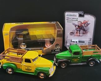 Lot 042-MT: Die-cast Pickup Quartet

Features:
•	John Deere Diecast 1940 Ford Pickup Truck Limited Edition, no. 3418ZD
•	John Deere Diecast 1950 Chevy 3100 Pickup, no. 2307U
•	1965 Ford Econoline Diecast, no. 90978
•	Norman Rockwell Series 2 Diecast 1972 Volkswagen Double Cab Pickup

