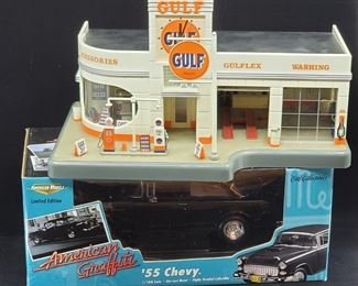 Lot 050-MT: Nostalgic Duo: Die-cast ’55 Chevy and a Gulf Service Station Replica

Features:
•	ERTL Diecast American Graffiti Limited Edition 1955 Chevy
•	Danbury Mint Gulf Service Station Clock
