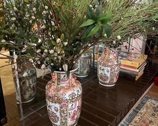 Pair 19th Century Rose Medallion Porcelain Vases