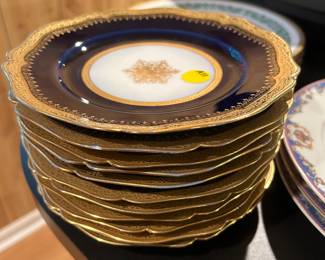 Limoges Cobalt and Gold Rimmed Dinner Plates, Set of 11