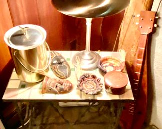 Tile top accent table with decorative accessories