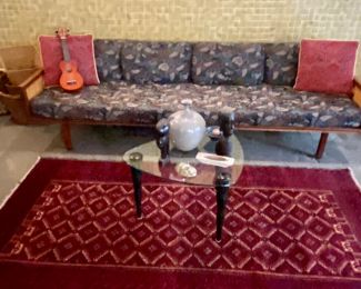 MCM Sofa?daybed 93" length attributed to Paul McCobb, woven area rug  