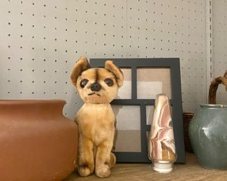 Vintage stuffed animals, pottery and sand art