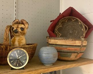 Baskets, pottery, vintage stuffed animal