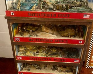 Diorama by Clarence E Bohn he served in the US Army 1946-1948 in Japan.  He was a WWII enthusiast and these are historical battle scenes. Battlefield Italy, Battlefield Africa, Battlefield Pacific and Battlefield Russia