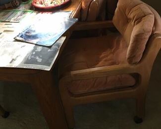 Square Oak Dining Table with Leaf and 4 Chairs on Casters