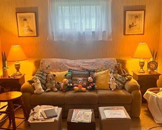 Storage ottomans, sofa, N=Besse Pease Gutman, antique stools, Hand hooked rug