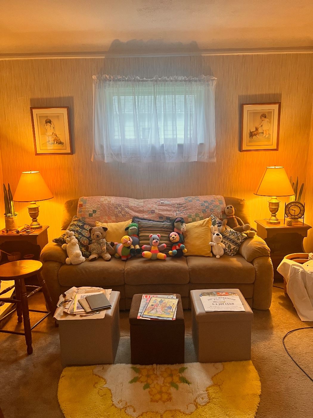 Storage ottomans, sofa, N=Besse Pease Gutman, antique stools, Hand hooked rug