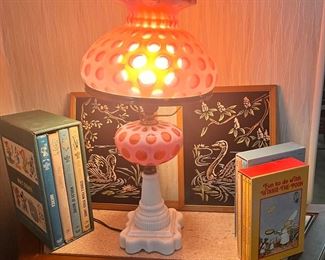 Cranberry lamp and paint by number on black velvet 