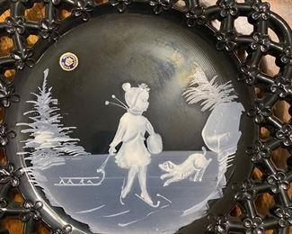 Westmoreland black glass painted in the style of Mary Gregory 