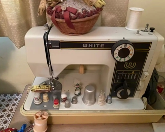 Vintage White Portable Sewing Machine with Cover