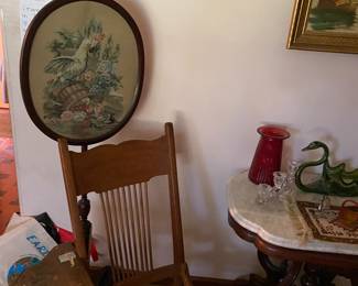 Antique Pressed Back Grandmother Rocking Chair, Antique Fire Pole Screen