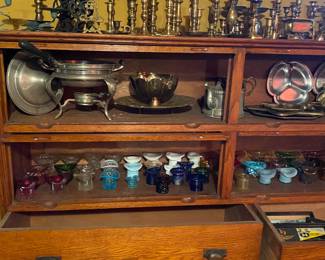 BASEMENT!! YIKES!!!! Antique Oak General or Candy Store Display Cabinets with Drawers. Vintage ANY SIZE YOU NEED.. Candle Sticks, Candle Holders, Candelabra 