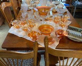 Antique Dining Table with Extended Leaves. Pressed Back Chairs. Vintage Carnival Glass