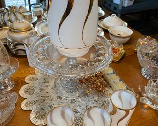 Mid Century Glass White with Gold Swirl Pitcher with 6 Glasses