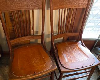 Antique Pressed Back Side Chairs with Leather Seats