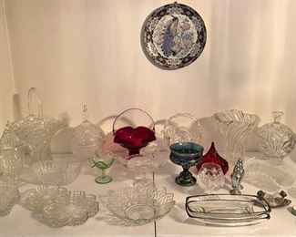 VARIETY OF GORGEOUS CRYSTAL AND OTHER SERVING PIECES.