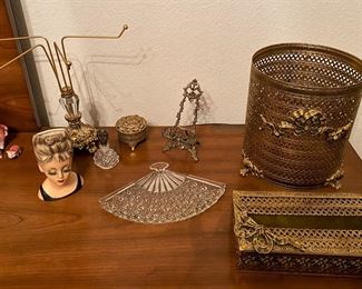 VINTAGE ENESCO HEADVASE, BRASS TISSUE BASKET AND DISPENSER AND MORE.