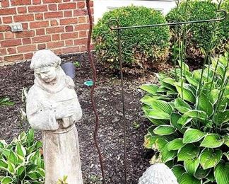 08 Garden Ornaments...Concrete Priest And Pineapple, Metal Bird Nest And Flag Holder W 13 Seasonal Flags