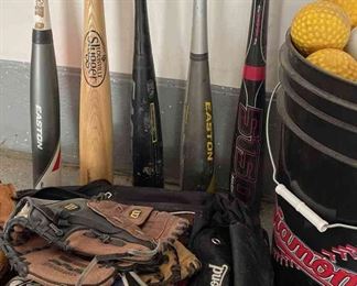Baseball Bats, Mitts, Gloves, Diamond Sport Bag And Bucket Of Balls