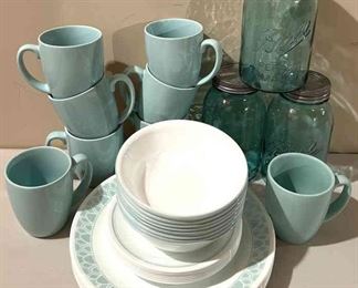Corelle Dish Set W Matching Mugs 3 Mason Jars