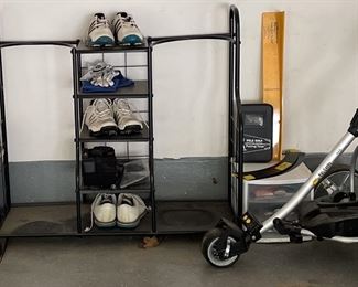 Electric Golf Caddy, Storage Rack 36H X 39 X 15.25 And Large Assortment Of Golf Accessories