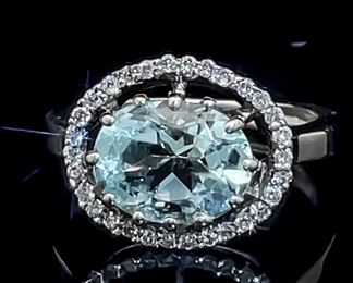 1.30 Carat Oval Natural Aquamarine & Diamond East-West Floating Halo Ring in 14k White Gold