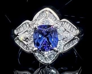 2.16 Carat Natural Tanzanite & Diamond Modern Cluster Floral Estate Ring in Platinum
