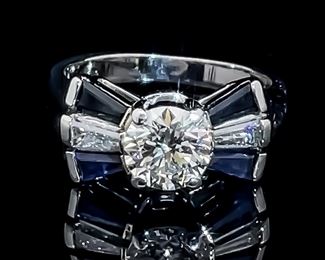 2.57 Carat Art Deco Diamond Solitaire Baguette Diamond & Blue Sapphire Bow-Tie Ring in Platinum