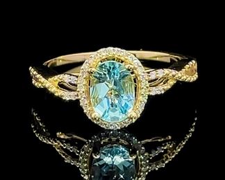 0.85ct Nature Aquamarine & Diamond Oval Halo Infinity Symbol Entwined Ring in 14k Yellow Gold
