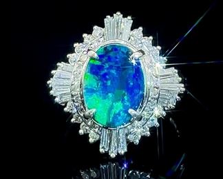 2.57 Carat Natural Boulder Opal & Diamond Art Deco Cluster Cocktail Estate Ring in Platinum