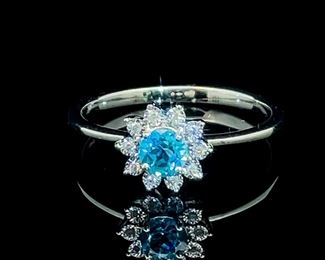 Round Blue Topaz & Diamond Petite Floral Cluster Ring in White Gold