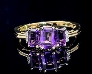 Amethyst & Diamond Emerald Cut Tiered Three-Stone Scalloped Ring in Yellow Gold
