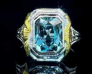Aquamarine Vintage Carved Engraved Solitaire Filigree Statement Ring in 14k Two-Tone Yellow & White Gold