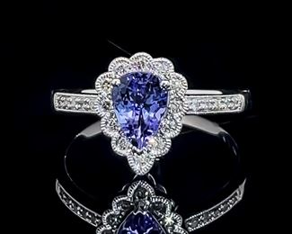 Tanzanite & Diamond Lacy Flower Pear-Shaped Halo Ring in 14k White Gold