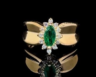 Natural Emerald & Diamond Marquise Flower Cluster Concave Ring in 14k Yellow Gold