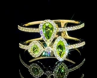 0.35ctw Peridot & Diamond Triple Halo Micro Pave Double Stack Illusion Ring in Yellow Gold