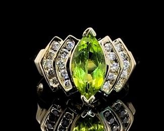 Peridot & Diamond Marquise Tiered Chevron Ring in 14k Yellow Gold