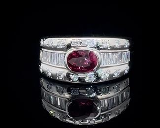Oval Natural Ruby East-West Bezel & Diamond Round & Baguette Triple Row Estate Ring in Platinum