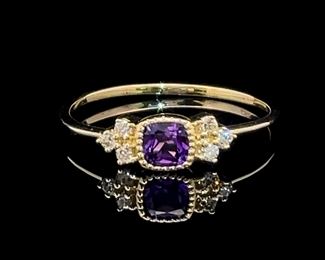 Square Cut Amethyst & Diamond Bow-Tie Candy Petite Stack Ring in Yellow Gold