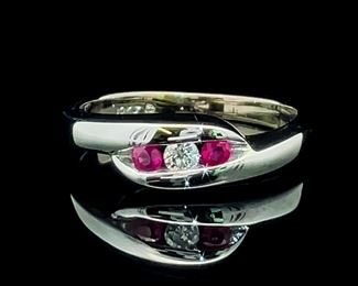 Natural Ruby & Diamond Three-Stone Swirling Bypass Ring in White Gold