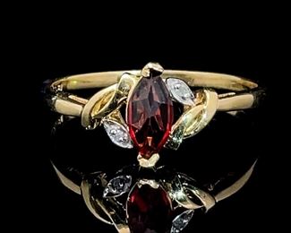 Garnet & Diamond Marquise Leaf Cluster Garden Ring in Yellow Gold