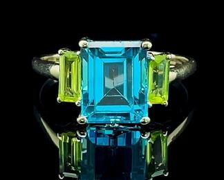 Vibrant Color! Semi-Precious Blue Topaz & Diamond Rectangular Cut Three-Stone Ring in White Gold