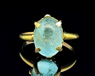 Natural Aquamarine Oval Dome Cabochon Solitaire Crown Custom Estate Ring in 14k Yellow Gold