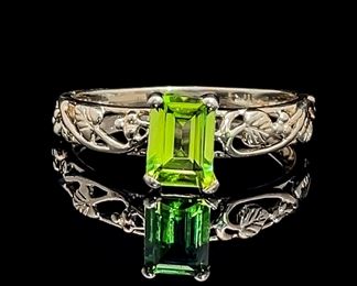 Lemon-Lime Peridot Emerald Cut Solitaire Garden Leaf & Vine Filigree Ring in Yellow Gold