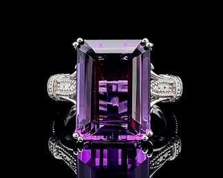 Vibrant, Rich Purple! Amethyst Emerald Cut Solitaire & Pave Ring, Large Size!