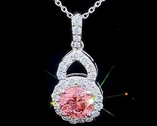Rare! 1.42 Carat Fancy Pink Diamond & White Diamond Double Halo Drop Pendant Necklace in 14k White Gold