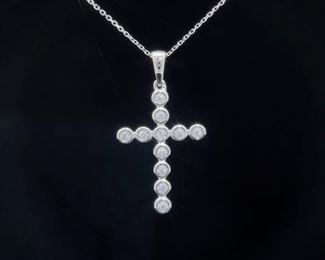 Diamond Bezel Petite Cross Pendant Necklace in 14k White Gold